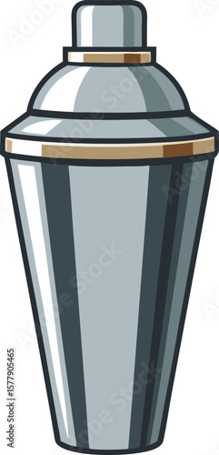 Classic Metal Cocktail Shaker, Bar Tool Illustration, Beverage Mixer, Shiny Silver, Elegant Design