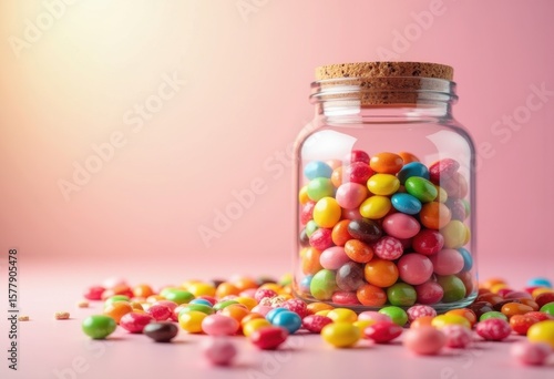 colorful candies scattered glass jar sweet treats vibrant sugar confectionery horizontal composition, gummy, potion, bright, delight, dessert, food, tasty