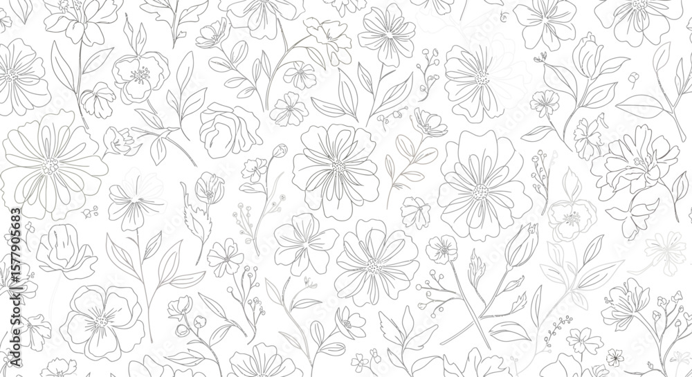Fototapeta premium Delicate Floral Outlines A Seamless Pattern of Botanical Sketches and Elegant Leaf Designs.