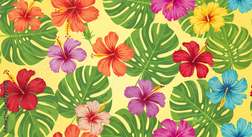 Vibrant Hibiscus Blooms and Monstera Leaves Pattern on a Sunny Yellow Backdrop.