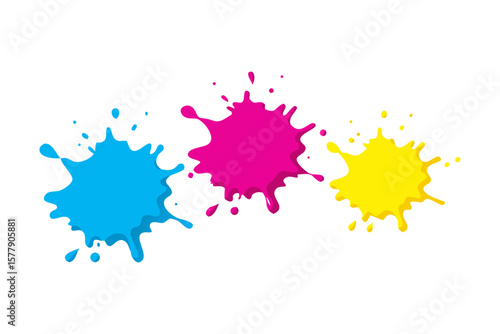 Colorful paint splatter vector illustration of cyan magenta and yellow blots design