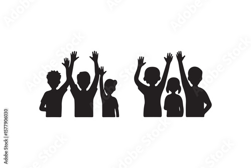 Silhouettes of children cheering with raised hands.A graphic design of multiple children with raised arms, creating a cheerful and enthusiastic mood.