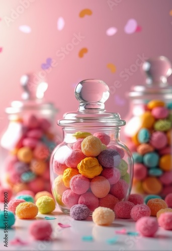 colorful candy jars vibrant sweet treats varied textures fun glass containers confectionery delight retro design, sweets, artisanal, gummy, jelly, bulk, edible