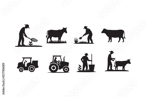 Simple Black Silhouette Icons of Farm Workers and Animals.This image set features a collection of black silhouette icons depicting various farm-related activities.