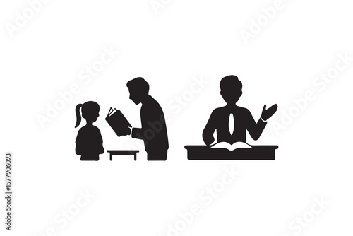 Silhouette illustration of a teacher, a student, and a lecturer with books.This image presents three silhouettes: a teacher/parent interacting with a child, and a lecturer giving a presentation.