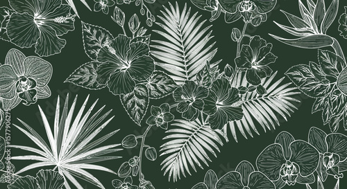 Detailed White Outline Tropical Floral Pattern with Hibiscus Orchids and Palm Leaves.