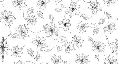 Delicate Floral Pattern with Intricate Line Work and Stylized Leaves.