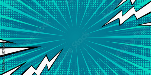 Comic Pop art light blue background with lightning flashes. Cute retro stripes pattern. Vector halftone illustration. For comic superhero text, speech bubble, message