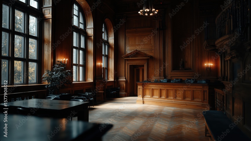 Fototapeta premium Magnificent grandeur of a courtroom echoes past legal battles and rich history in a setting of majestic architecture and serene ambiance
