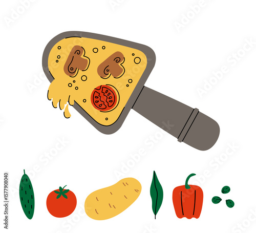 Swiss Raclette with Melted Cheese, mushrooms, tomato, potatoes, paprika, pickles. Set with warm comforting dish for Social Gatherings, traditional food from Switzerland. Vector color Illustration