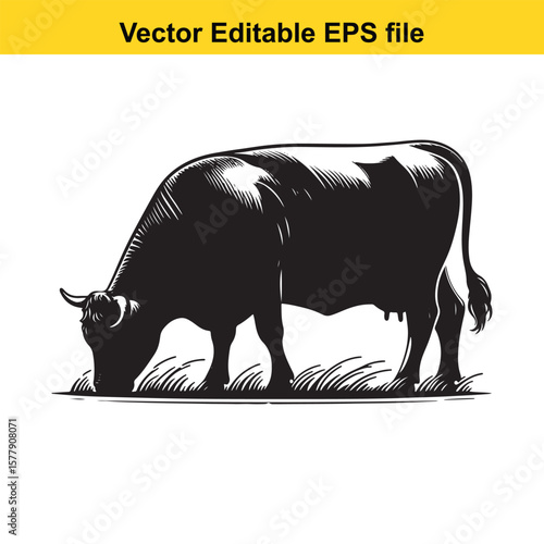 A silhouette cow/bull grazing in a grassy field, Black and white illustration