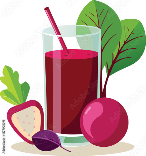 Refreshing Beetroot Juice with Straw, Whole Beetroot and Cut Beetroot, Healthy Drink Concept, Flat Design...