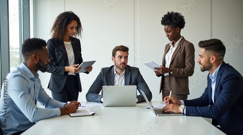 Diverse Group of Business Professionals Engaged in a Formal Meeting with Laptops and Documents.