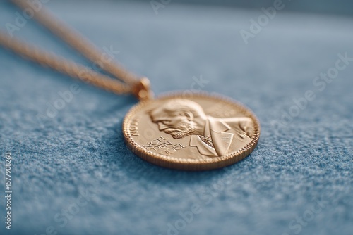 close-up of nobel medal engraving reflecting lab environment behind camera