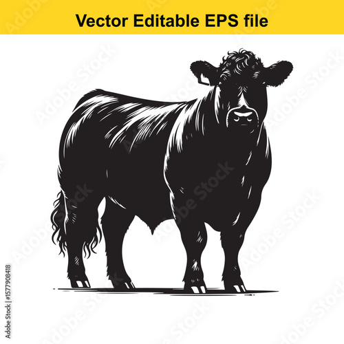 A silhouette cow/bull grazing in a grassy field, Black and white illustration