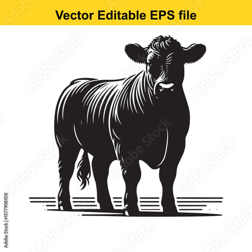 A silhouette cow/bull grazing in a grassy field, Black and white illustration