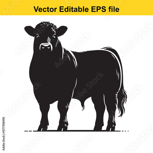 A silhouette cow/bull grazing in a grassy field, Black and white illustration