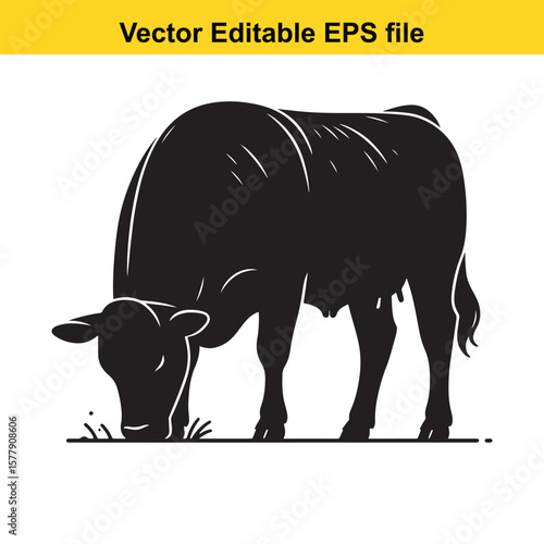 A silhouette cow/bull grazing in a grassy field, Black and white illustration