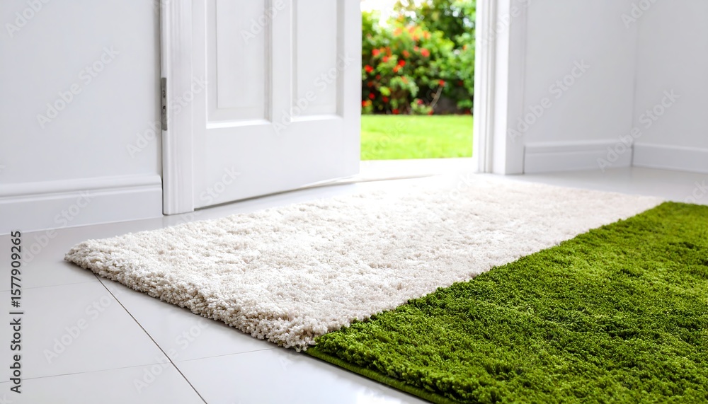 Fototapeta premium Light beige and green rug in front of open white door, garden view