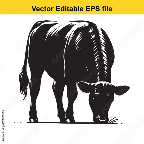 A silhouette cow/bull grazing in a grassy field, Black and white illustration