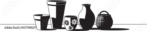 Black and white still life of vases and basket vector