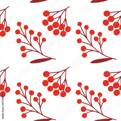 Seamless pattern of red rowan berry branches on white background for autumnal wrapping paper, fabric, or seasonal digital design