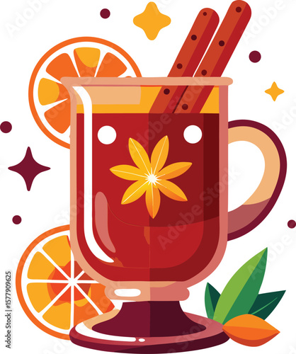Warm and Aromatic Mulled Wine: A Festive Winter Drink with Orange and Cinnamon Sticks in...