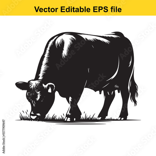 A silhouette cow/bull grazing in a grassy field, Black and white illustration