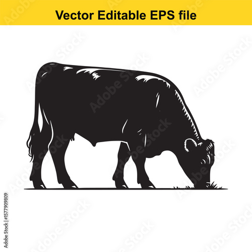 A silhouette cow/bull grazing in a grassy field, Black and white illustration