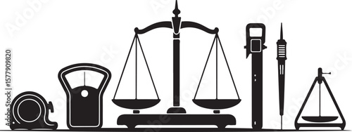 Measuring tools balance scales and tape measure weighing