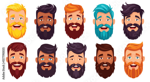 Illustrations of various male faces with colorful beards for World Beard Day  