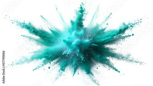 A vibrant explosion of turquoise powder creates an abstract splash isolated on transparent background