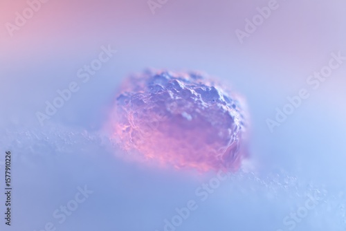 close-up of tumor organoid embedded in hydrogel droplet under microscope objective
