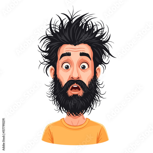 Surprised man with messy hair and beard wearing an orange shirt for World Beard Day  