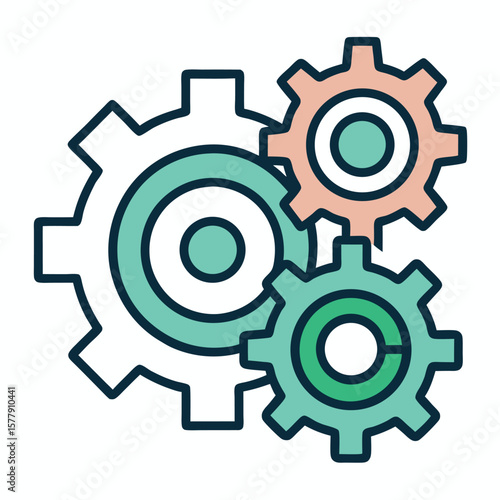 Gear Machine Icon – Flat Line Vector Illustration of Interlocking Gears for Industrial Automation, Engineering Graphics, Mechanical System Design, and Technology Infographics