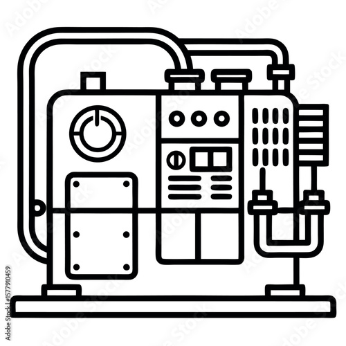 Minimal black outline vector icon of a generator. Perfect for industrial graphics, emergency power visuals, construction site designs, backup energy symbols, and equipment branding.