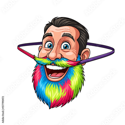 Colorful bearded man smiling with hula hoop celebrating World Beard Day  