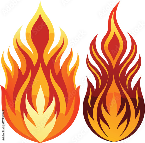 Fire flames set with vector icons showing burning heat and warm orange blaze elements for design and illustration