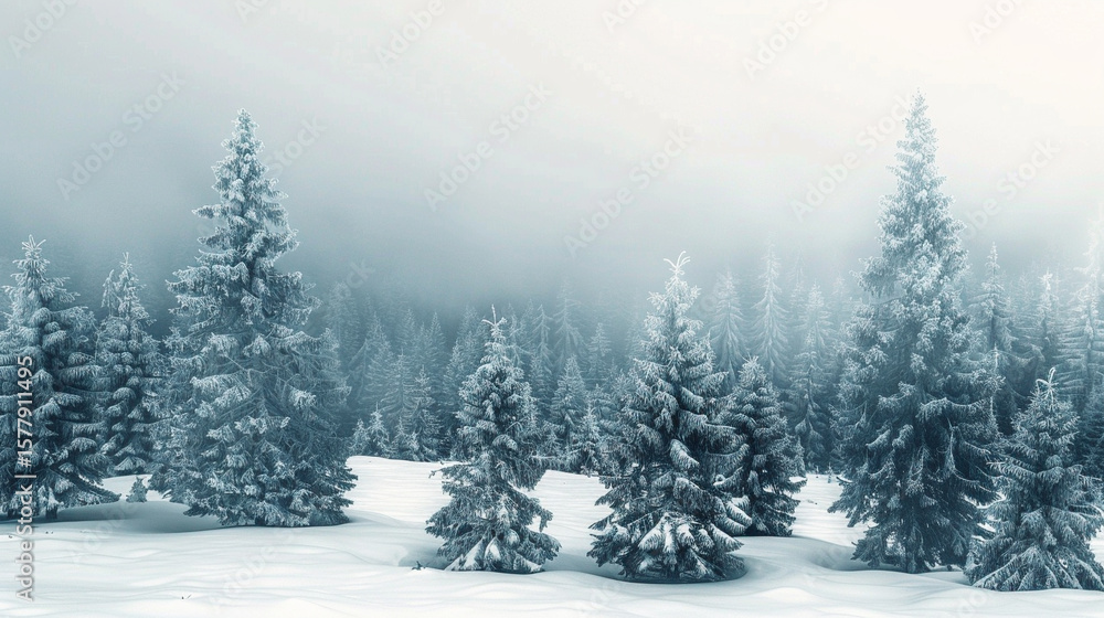 Naklejka premium Snow covered evergreen trees in a forest landscape with a foggy background in winter season scene
