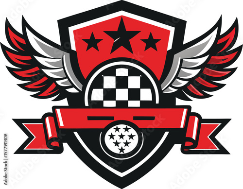 Racing emblem design featuring shield with wings and ribbons vector illustration