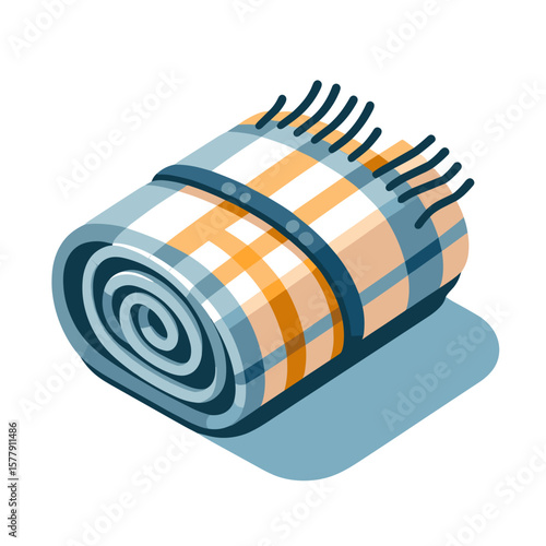 Rolled plaid blanket with fringe in colorful flat illustration