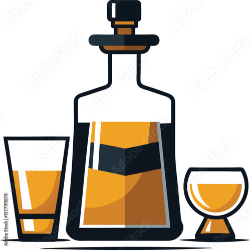Decanter of Whiskey with Glasses, Elegant Liquor Set, Flat Design Illustration