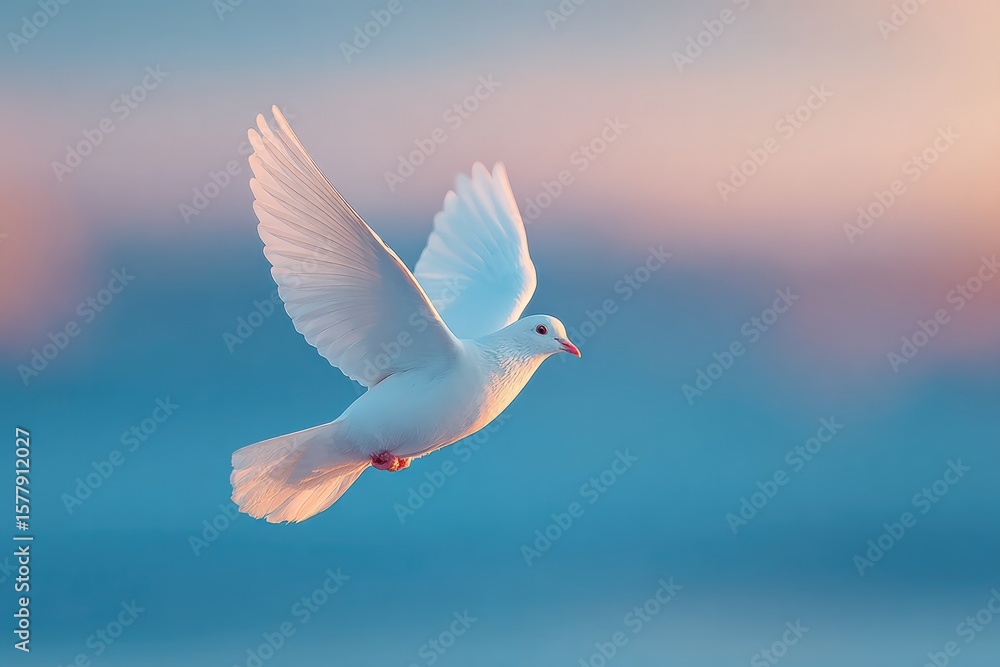 Fototapeta premium flying upward into blue sky with warm light symbolizing peace