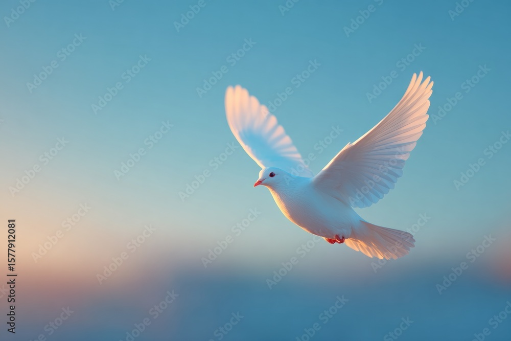 Fototapeta premium flying upward into blue sky with warm light symbolizing peace