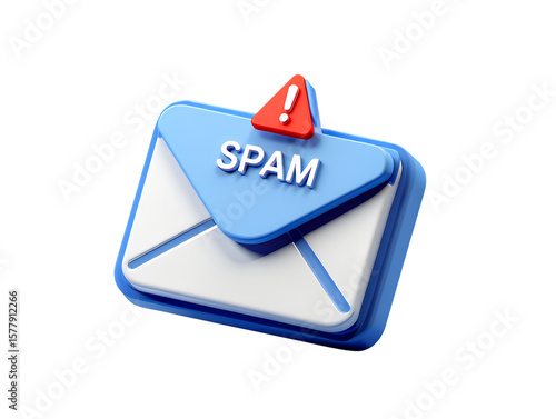 Spam email warning, 3d blue envelope with red alert triangle, junk mail notification isolated