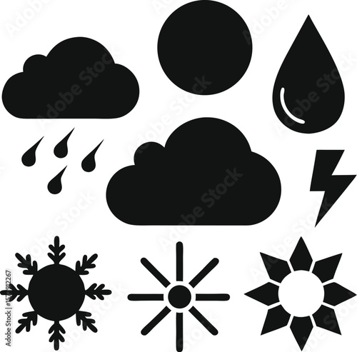 Weather icon set with cloud sun rain moon snow and storm symbols for weather forecast and meteorology design