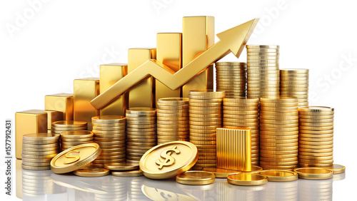 Stacks of gold coins and an upward arrow represent financial growth, investment success, and wealth accumulation isolated on transparent background
