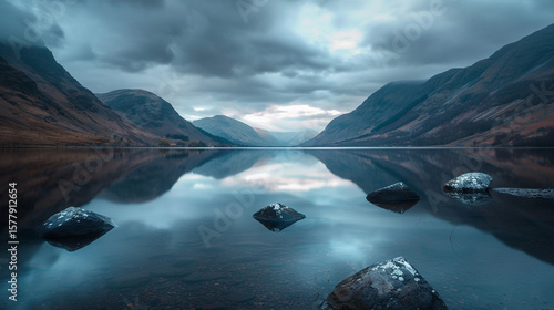 Fototapeta Naklejka Na Ścianę i Meble -  Calm lake reflecting mountains under cloudy sky with rocks in foreground creating a serene landscape