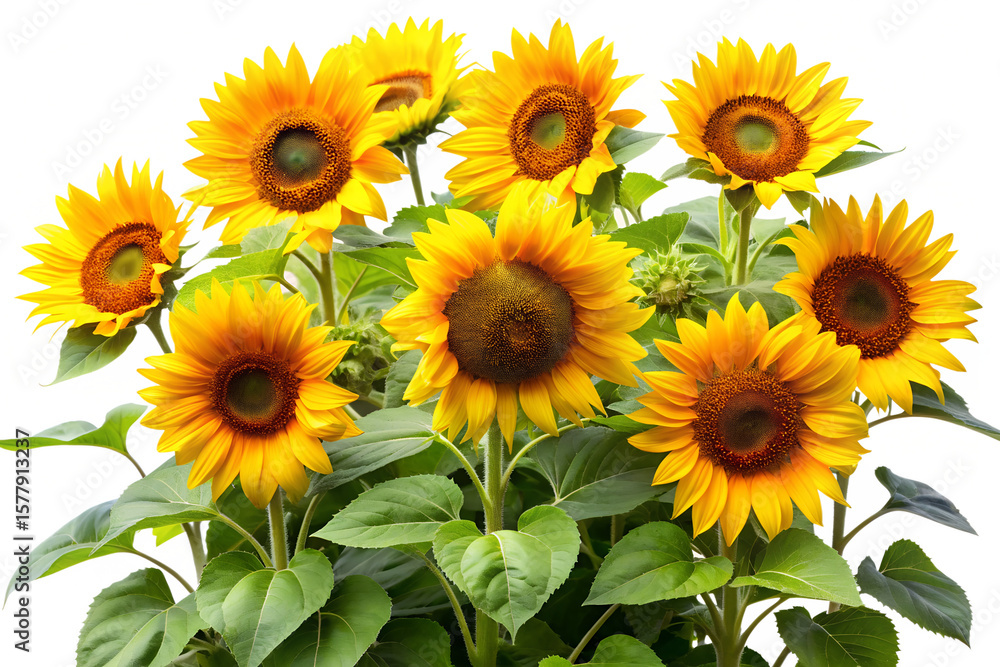 Fototapeta premium Photo of a vibrant bouquet of sunflowers with lush green leaves, isolated on a clean transparent background
