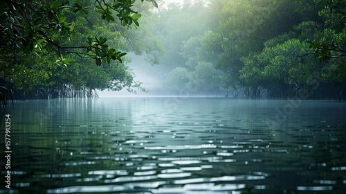 A serene view of a misty lake surrounded by lush green trees and vegetation on a tranquil morning